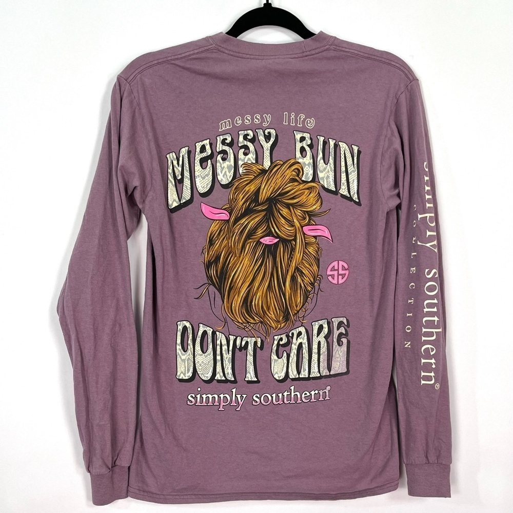 Simply Southern Messy Life Messy Bun Don’t Care Purple Long Sleeved Shirt Sz S